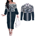 Personalized Carlton Blues Couples Matching Off The Shoulder Long Sleeve Dress and Long Sleeve Button Shirt Polynesian Tribal Pattern Heritage Football