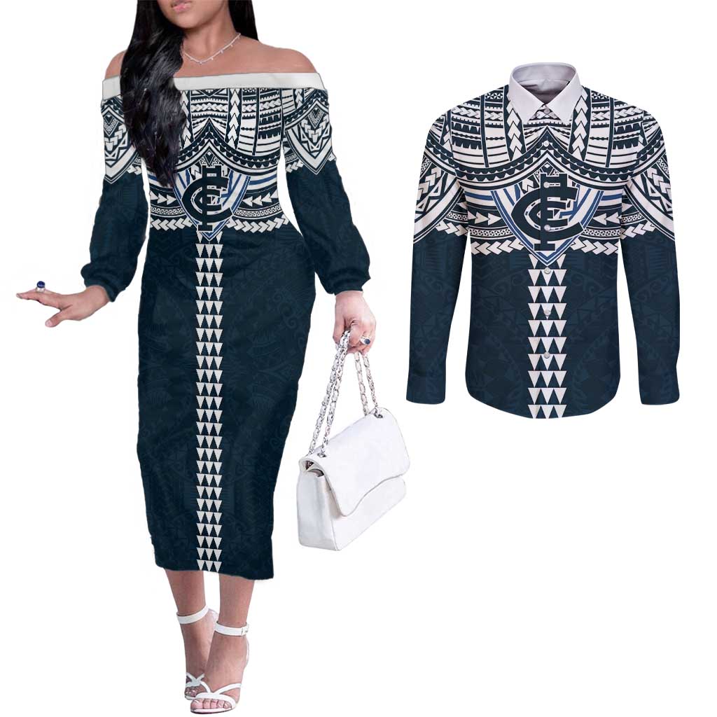 Personalized Carlton Blues Couples Matching Off The Shoulder Long Sleeve Dress and Long Sleeve Button Shirt Polynesian Tribal Pattern Heritage Football
