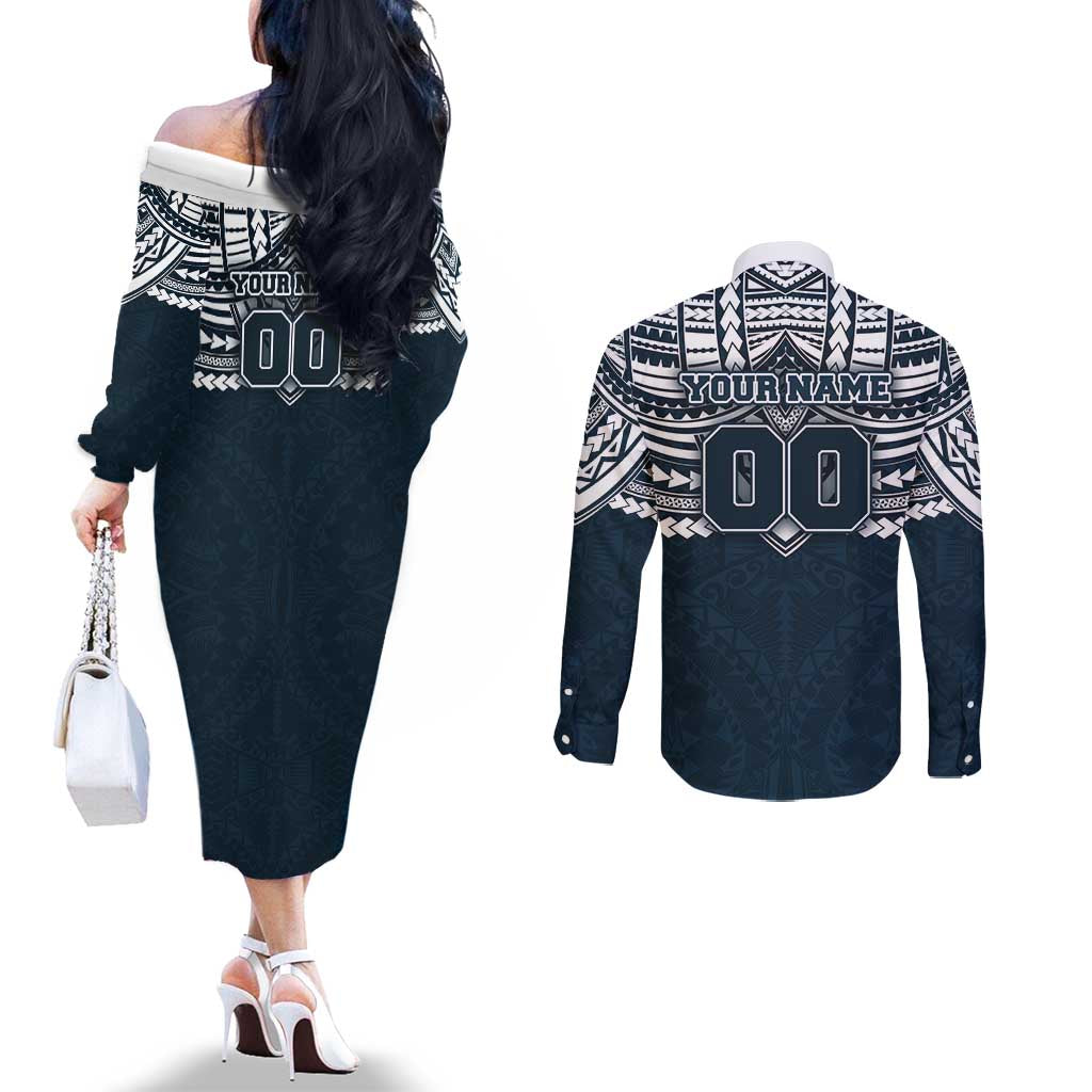 Personalized Carlton Blues Couples Matching Off The Shoulder Long Sleeve Dress and Long Sleeve Button Shirt Polynesian Tribal Pattern Heritage Football