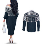 Personalized Carlton Blues Couples Matching Off The Shoulder Long Sleeve Dress and Long Sleeve Button Shirt Polynesian Tribal Pattern Heritage Football