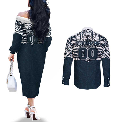 Personalized Carlton Blues Couples Matching Off The Shoulder Long Sleeve Dress and Long Sleeve Button Shirt Polynesian Tribal Pattern Heritage Football
