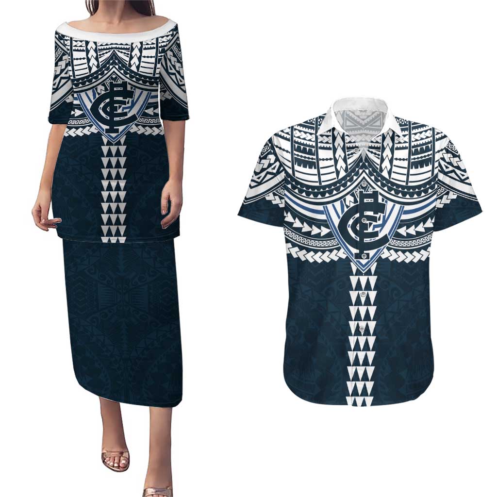 Personalized Carlton Blues Couples Matching Puletasi and Hawaiian Shirt Polynesian Tribal Pattern Heritage Football