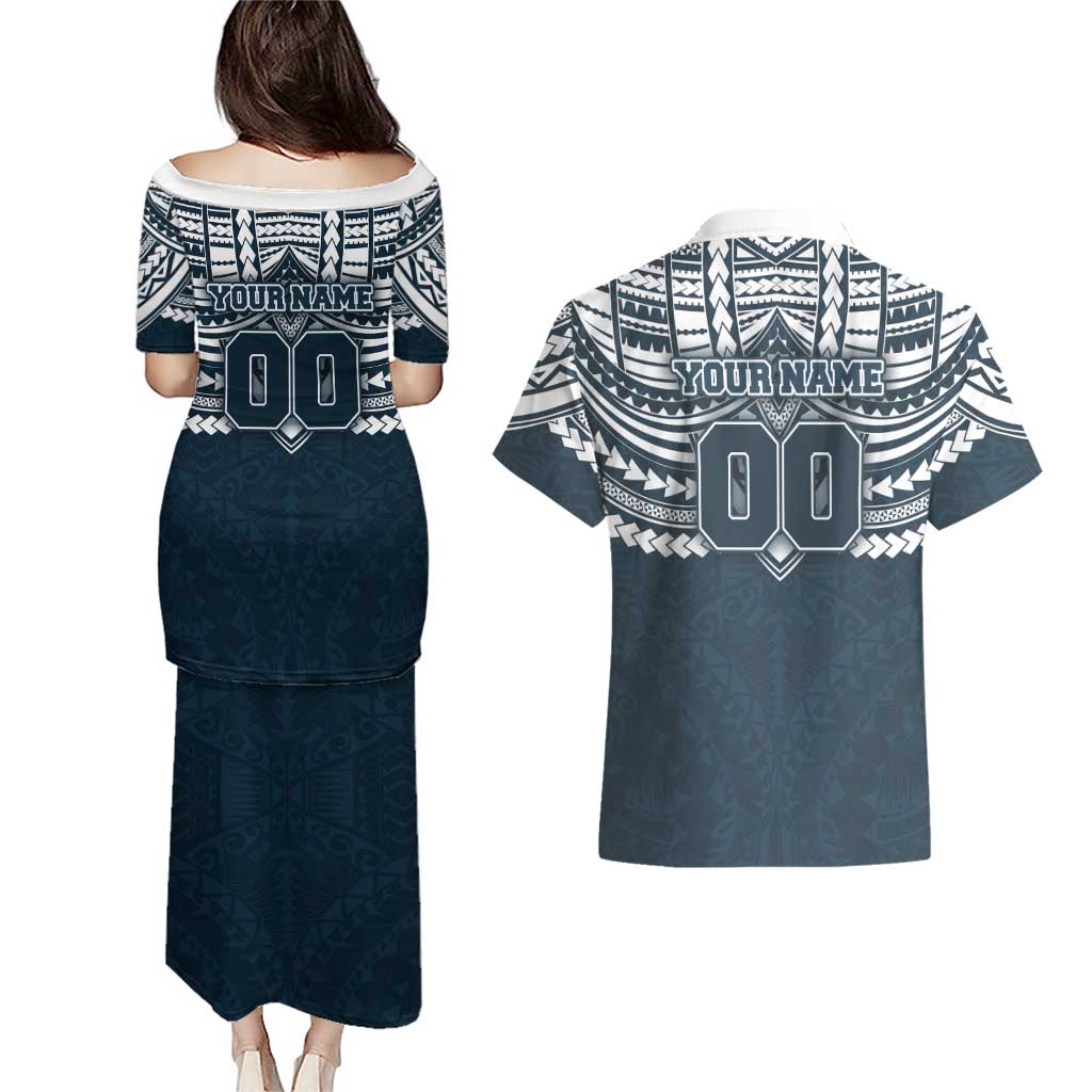Personalized Carlton Blues Couples Matching Puletasi and Hawaiian Shirt Polynesian Tribal Pattern Heritage Football