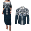 Personalized Carlton Blues Couples Matching Puletasi and Long Sleeve Button Shirt Polynesian Tribal Pattern Heritage Football