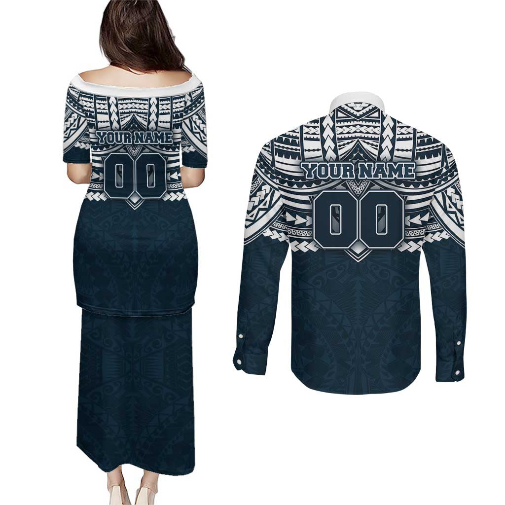 Personalized Carlton Blues Couples Matching Puletasi and Long Sleeve Button Shirt Polynesian Tribal Pattern Heritage Football