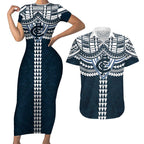Personalized Carlton Blues Couples Matching Short Sleeve Bodycon Dress and Hawaiian Shirt Polynesian Tribal Pattern Heritage Football