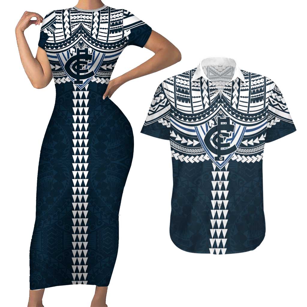 Personalized Carlton Blues Couples Matching Short Sleeve Bodycon Dress and Hawaiian Shirt Polynesian Tribal Pattern Heritage Football