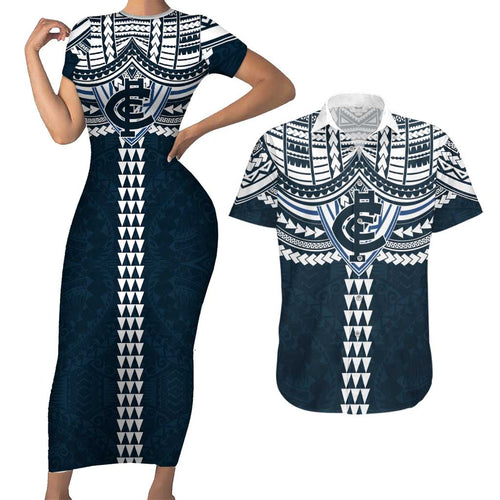 Personalized Carlton Blues Couples Matching Short Sleeve Bodycon Dress and Hawaiian Shirt Polynesian Tribal Pattern Heritage Football