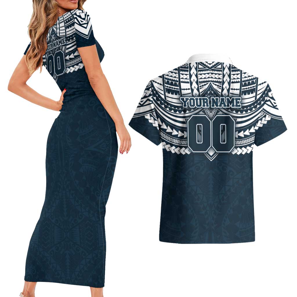 Personalized Carlton Blues Couples Matching Short Sleeve Bodycon Dress and Hawaiian Shirt Polynesian Tribal Pattern Heritage Football
