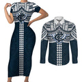 Personalized Carlton Blues Couples Matching Short Sleeve Bodycon Dress and Long Sleeve Button Shirt Polynesian Tribal Pattern Heritage Football