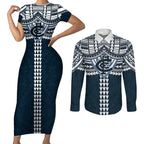 Personalized Carlton Blues Couples Matching Short Sleeve Bodycon Dress and Long Sleeve Button Shirt Polynesian Tribal Pattern Heritage Football