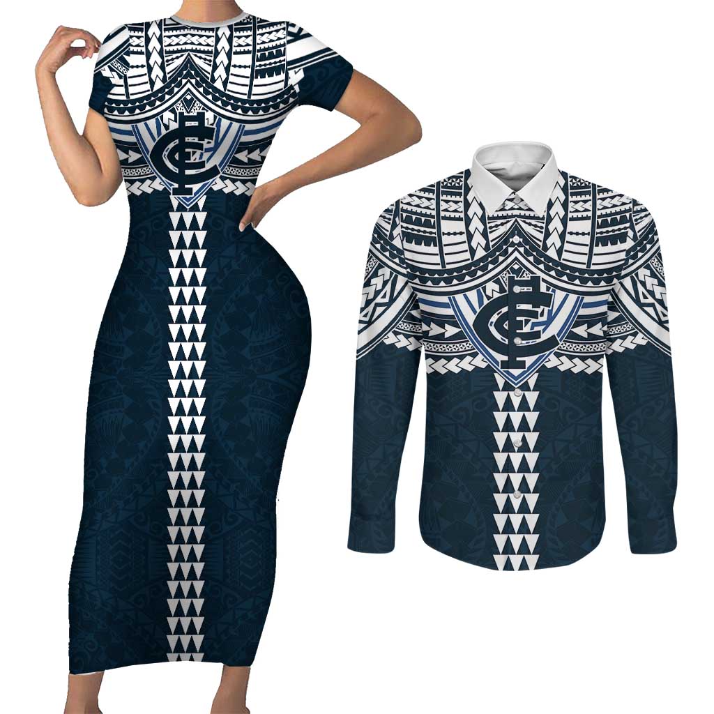 Personalized Carlton Blues Couples Matching Short Sleeve Bodycon Dress and Long Sleeve Button Shirt Polynesian Tribal Pattern Heritage Football