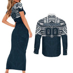 Personalized Carlton Blues Couples Matching Short Sleeve Bodycon Dress and Long Sleeve Button Shirt Polynesian Tribal Pattern Heritage Football