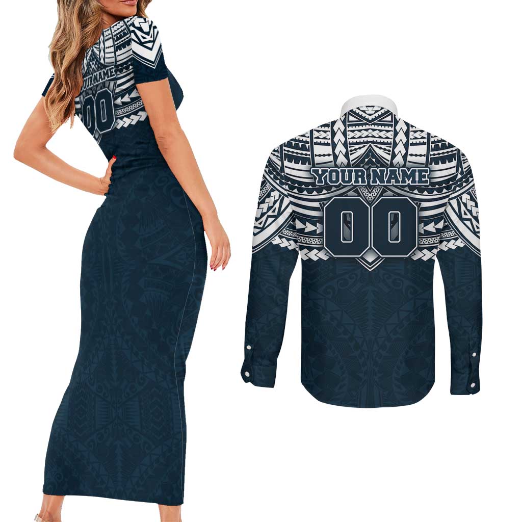 Personalized Carlton Blues Couples Matching Short Sleeve Bodycon Dress and Long Sleeve Button Shirt Polynesian Tribal Pattern Heritage Football