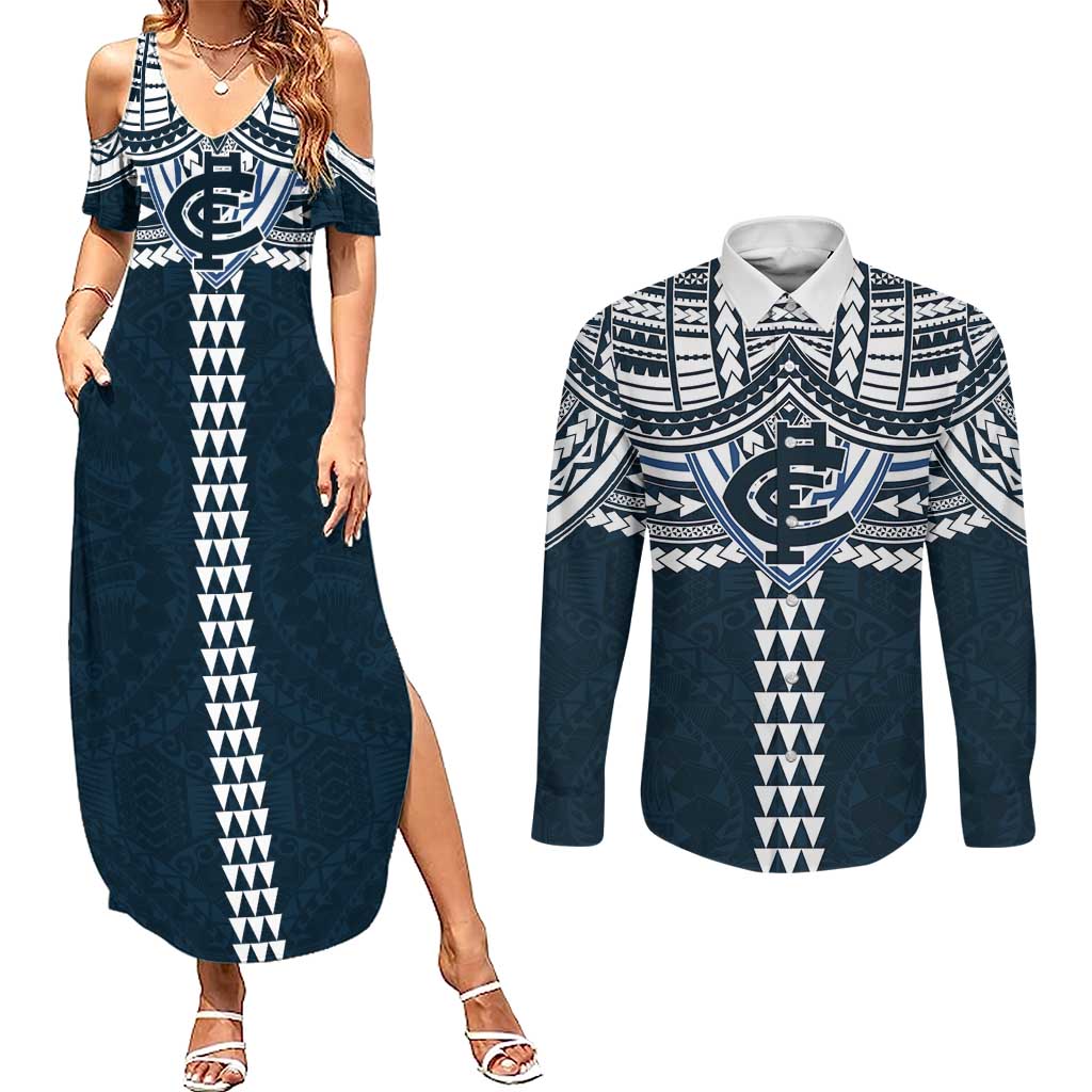 Personalized Carlton Blues Couples Matching Summer Maxi Dress and Long Sleeve Button Shirt Polynesian Tribal Pattern Heritage Football
