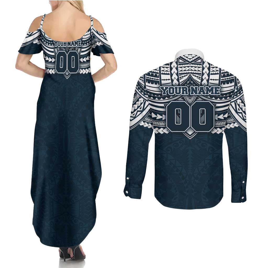 Personalized Carlton Blues Couples Matching Summer Maxi Dress and Long Sleeve Button Shirt Polynesian Tribal Pattern Heritage Football