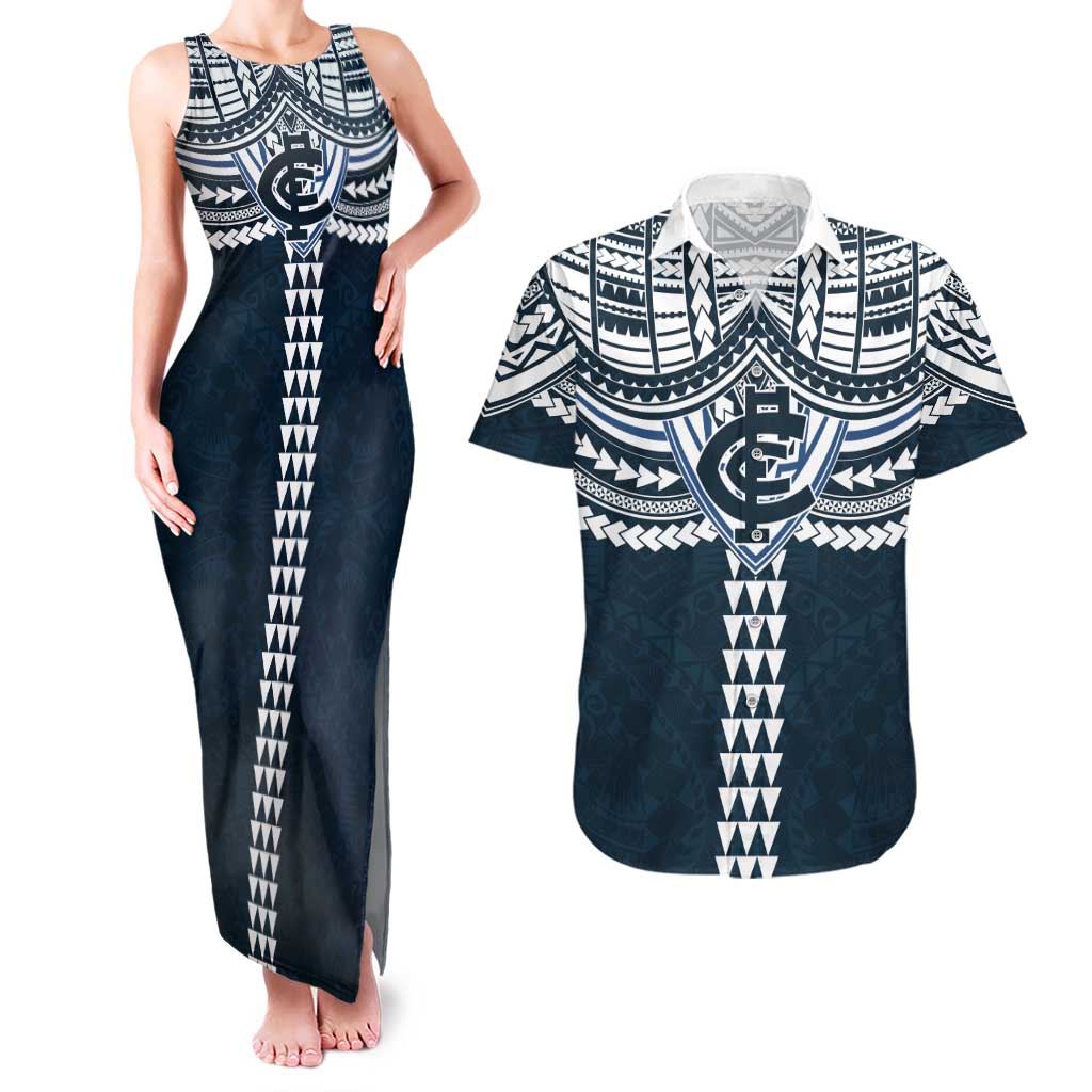 Personalized Carlton Blues Couples Matching Tank Maxi Dress and Hawaiian Shirt Polynesian Tribal Pattern Heritage Football