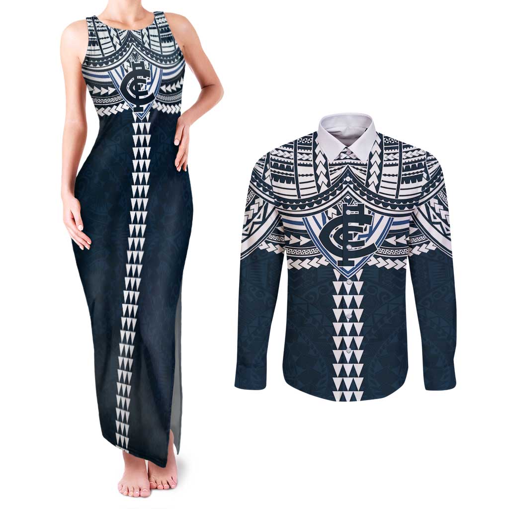 Personalized Carlton Blues Couples Matching Tank Maxi Dress and Long Sleeve Button Shirt Polynesian Tribal Pattern Heritage Football