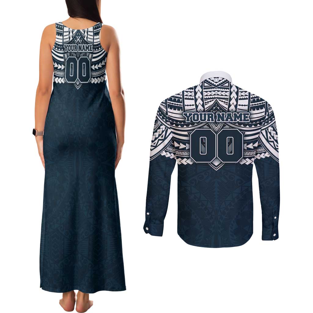 Personalized Carlton Blues Couples Matching Tank Maxi Dress and Long Sleeve Button Shirt Polynesian Tribal Pattern Heritage Football