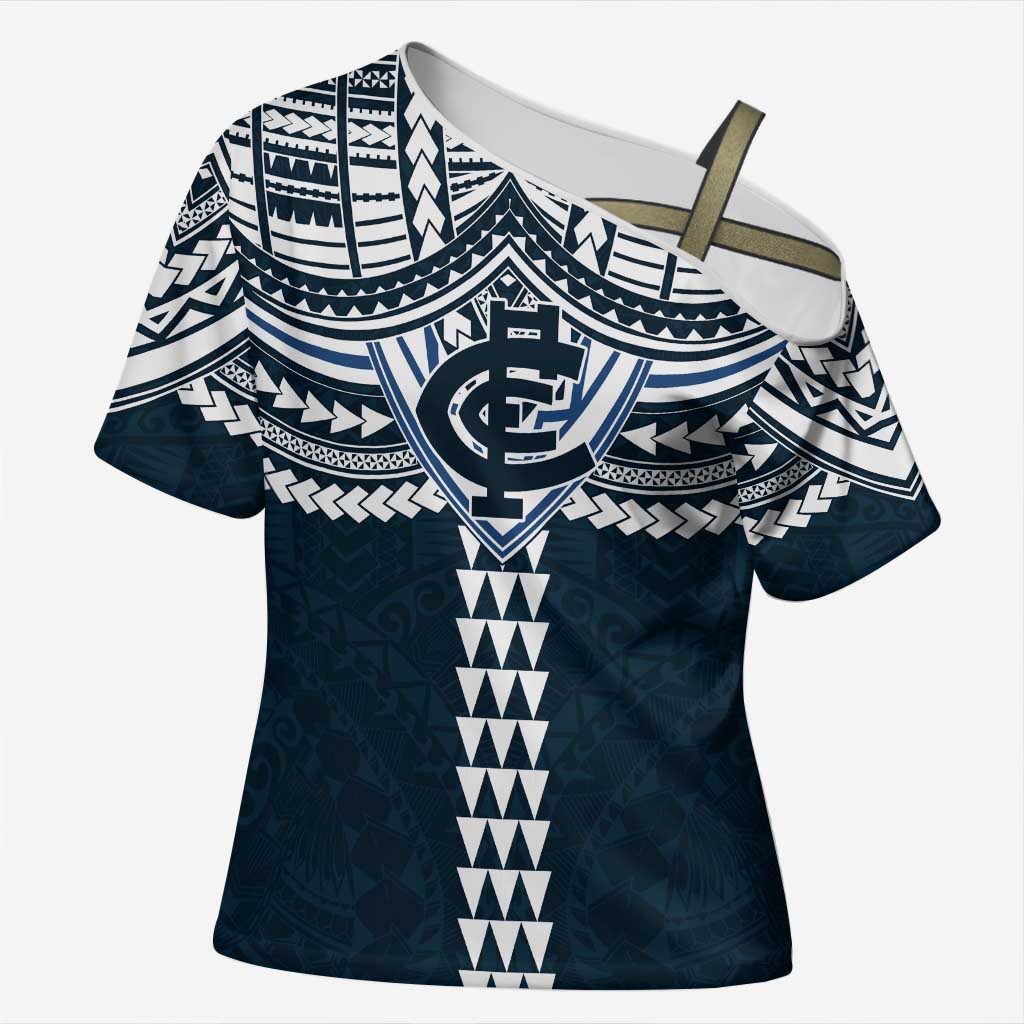 Personalized Carlton Blues Cross Shoulder Shirt Polynesian Tribal Pattern Heritage Football