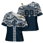 Personalized Carlton Blues Cross Shoulder Shirt Polynesian Tribal Pattern Heritage Football