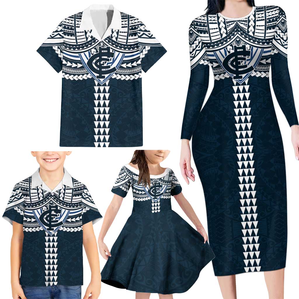 Personalized Carlton Blues Family Matching Long Sleeve Bodycon Dress and Hawaiian Shirt Polynesian Tribal Pattern Heritage Football