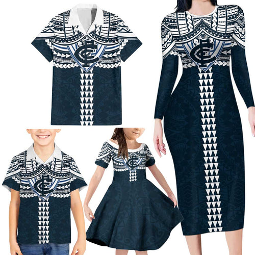 Personalized Carlton Blues Family Matching Long Sleeve Bodycon Dress and Hawaiian Shirt Polynesian Tribal Pattern Heritage Football