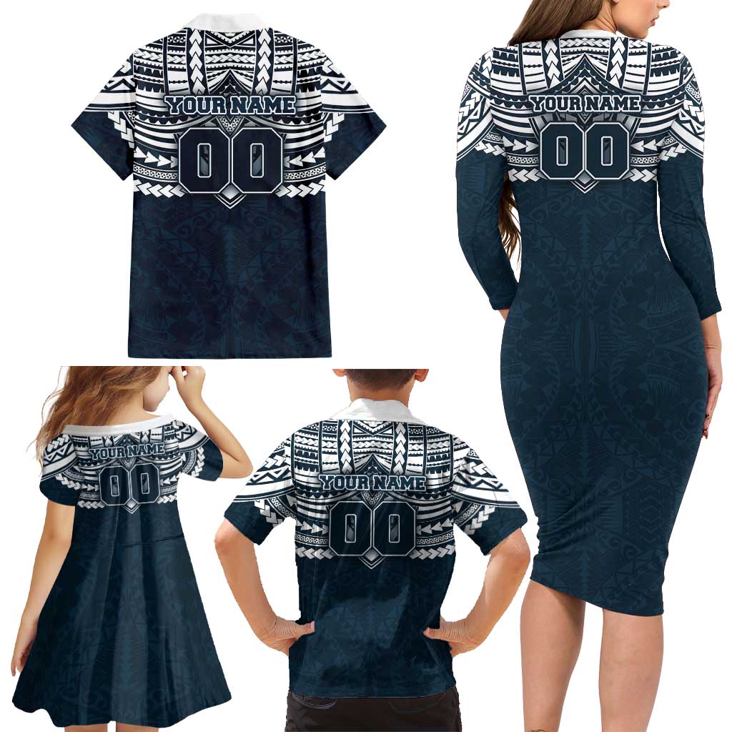Personalized Carlton Blues Family Matching Long Sleeve Bodycon Dress and Hawaiian Shirt Polynesian Tribal Pattern Heritage Football