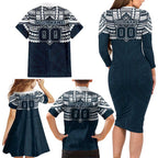 Personalized Carlton Blues Family Matching Long Sleeve Bodycon Dress and Hawaiian Shirt Polynesian Tribal Pattern Heritage Football