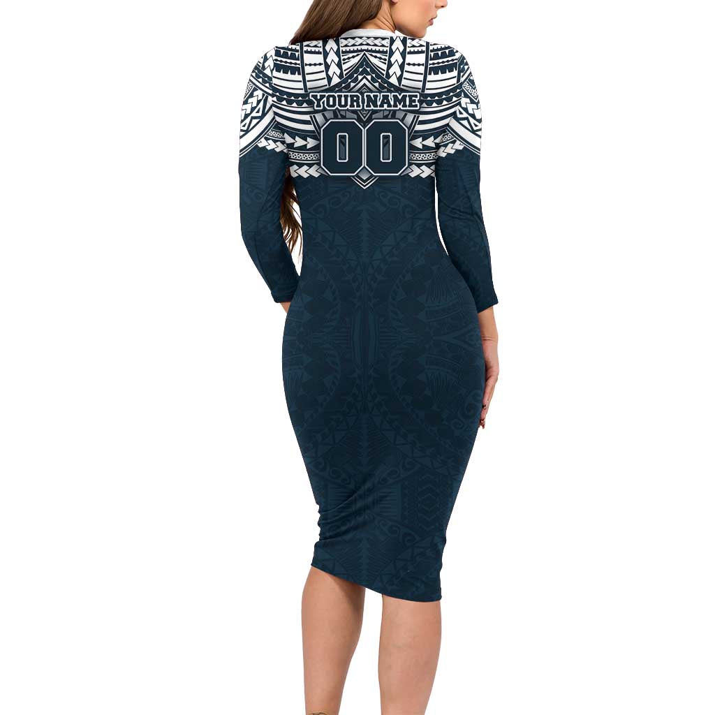 Personalized Carlton Blues Family Matching Long Sleeve Bodycon Dress and Hawaiian Shirt Polynesian Tribal Pattern Heritage Football