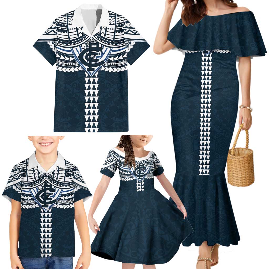 Personalized Carlton Blues Family Matching Mermaid Dress and Hawaiian Shirt Polynesian Tribal Pattern Heritage Football
