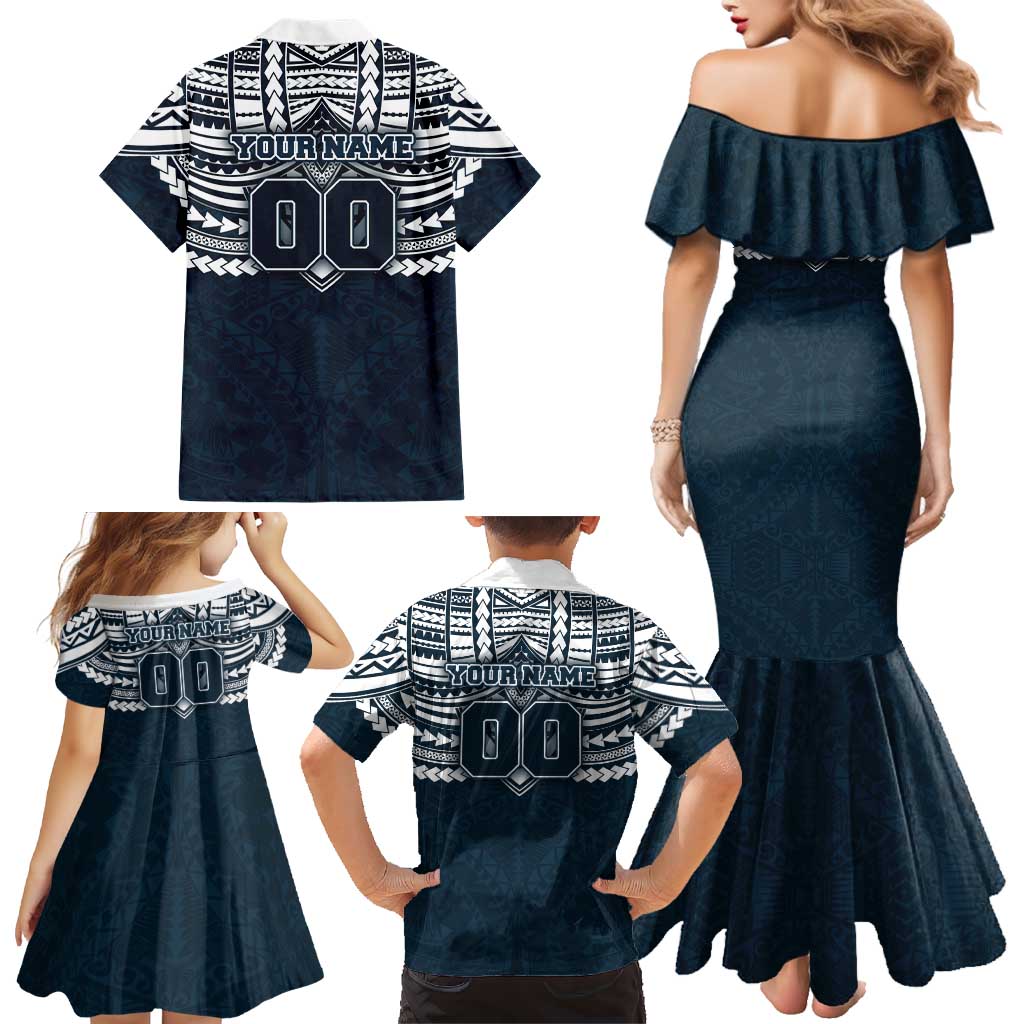 Personalized Carlton Blues Family Matching Mermaid Dress and Hawaiian Shirt Polynesian Tribal Pattern Heritage Football