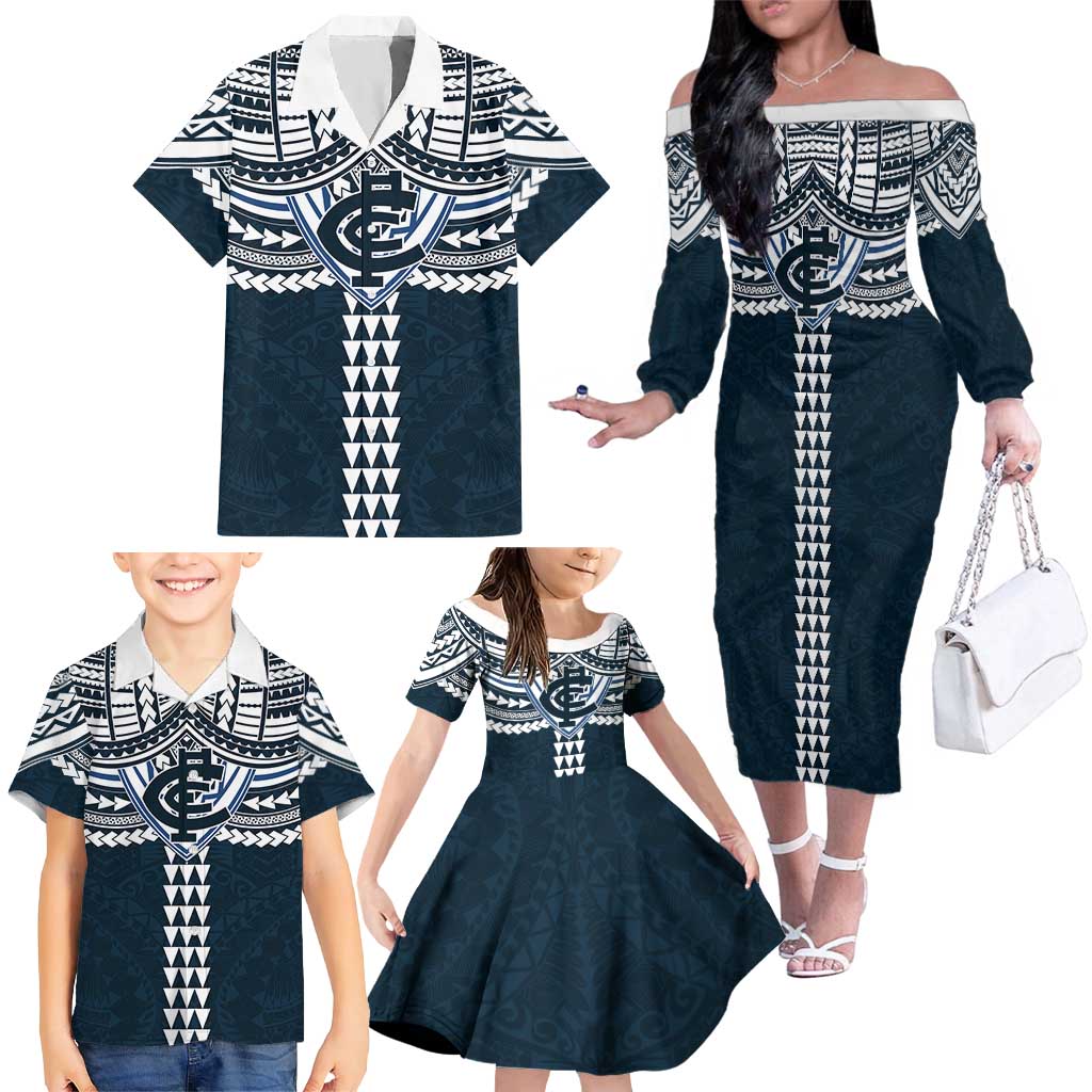 Personalized Carlton Blues Family Matching Off The Shoulder Long Sleeve Dress and Hawaiian Shirt Polynesian Tribal Pattern Heritage Football