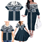 Personalized Carlton Blues Family Matching Off The Shoulder Long Sleeve Dress and Hawaiian Shirt Polynesian Tribal Pattern Heritage Football