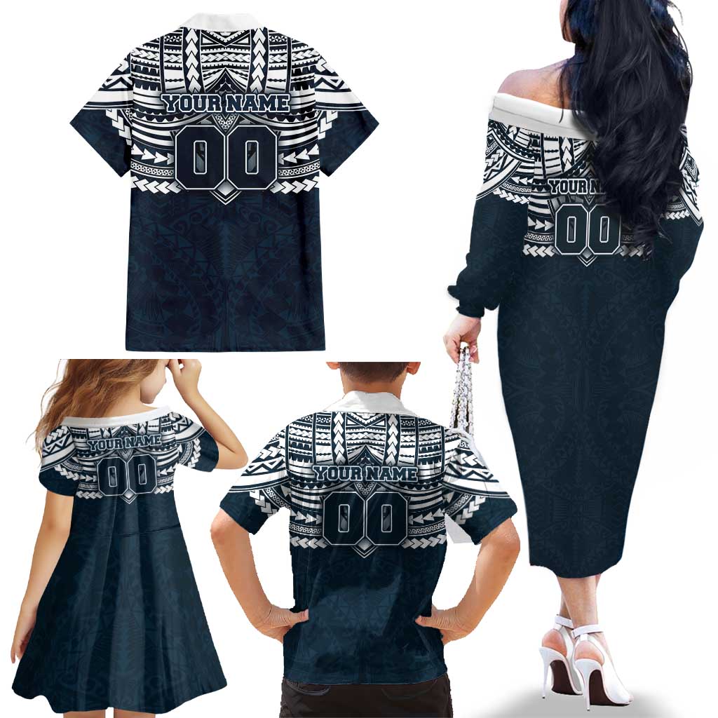 Personalized Carlton Blues Family Matching Off The Shoulder Long Sleeve Dress and Hawaiian Shirt Polynesian Tribal Pattern Heritage Football