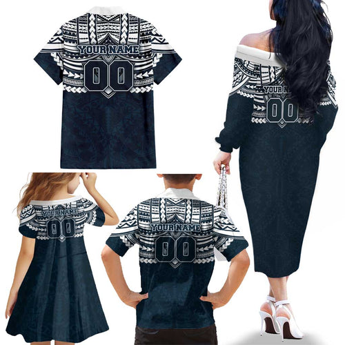 Personalized Carlton Blues Family Matching Off The Shoulder Long Sleeve Dress and Hawaiian Shirt Polynesian Tribal Pattern Heritage Football