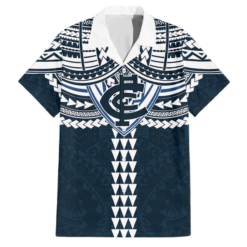 Personalized Carlton Blues Family Matching Off The Shoulder Long Sleeve Dress and Hawaiian Shirt Polynesian Tribal Pattern Heritage Football