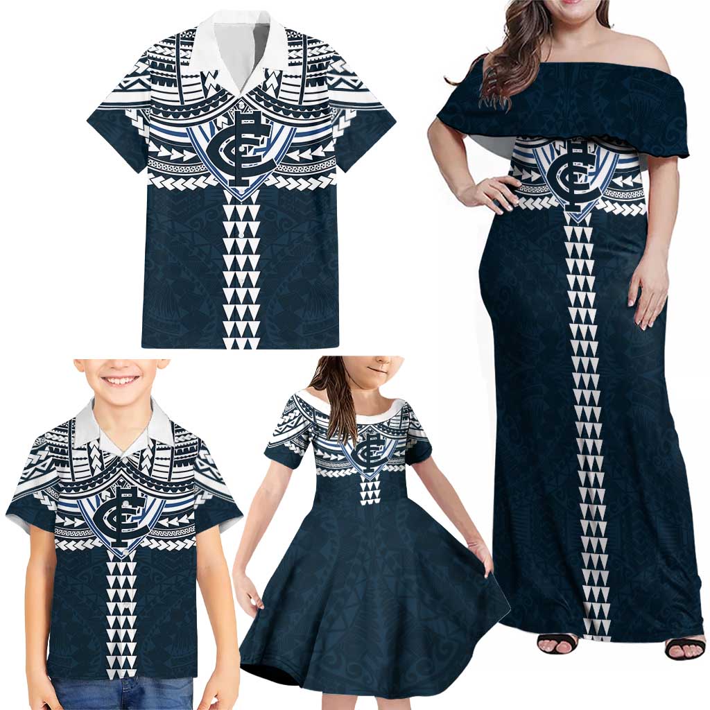 Personalized Carlton Blues Family Matching Off Shoulder Maxi Dress and Hawaiian Shirt Polynesian Tribal Pattern Heritage Football