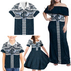 Personalized Carlton Blues Family Matching Off Shoulder Maxi Dress and Hawaiian Shirt Polynesian Tribal Pattern Heritage Football