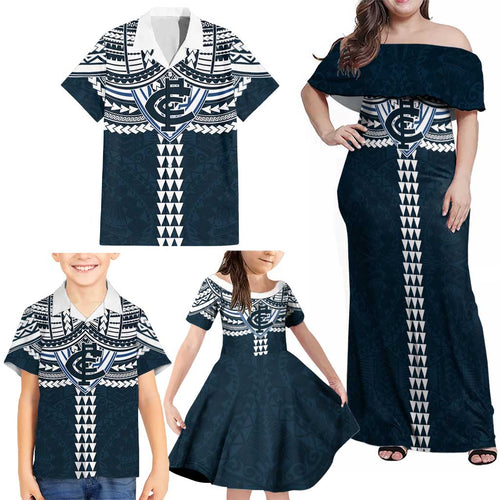 Personalized Carlton Blues Family Matching Off Shoulder Maxi Dress and Hawaiian Shirt Polynesian Tribal Pattern Heritage Football