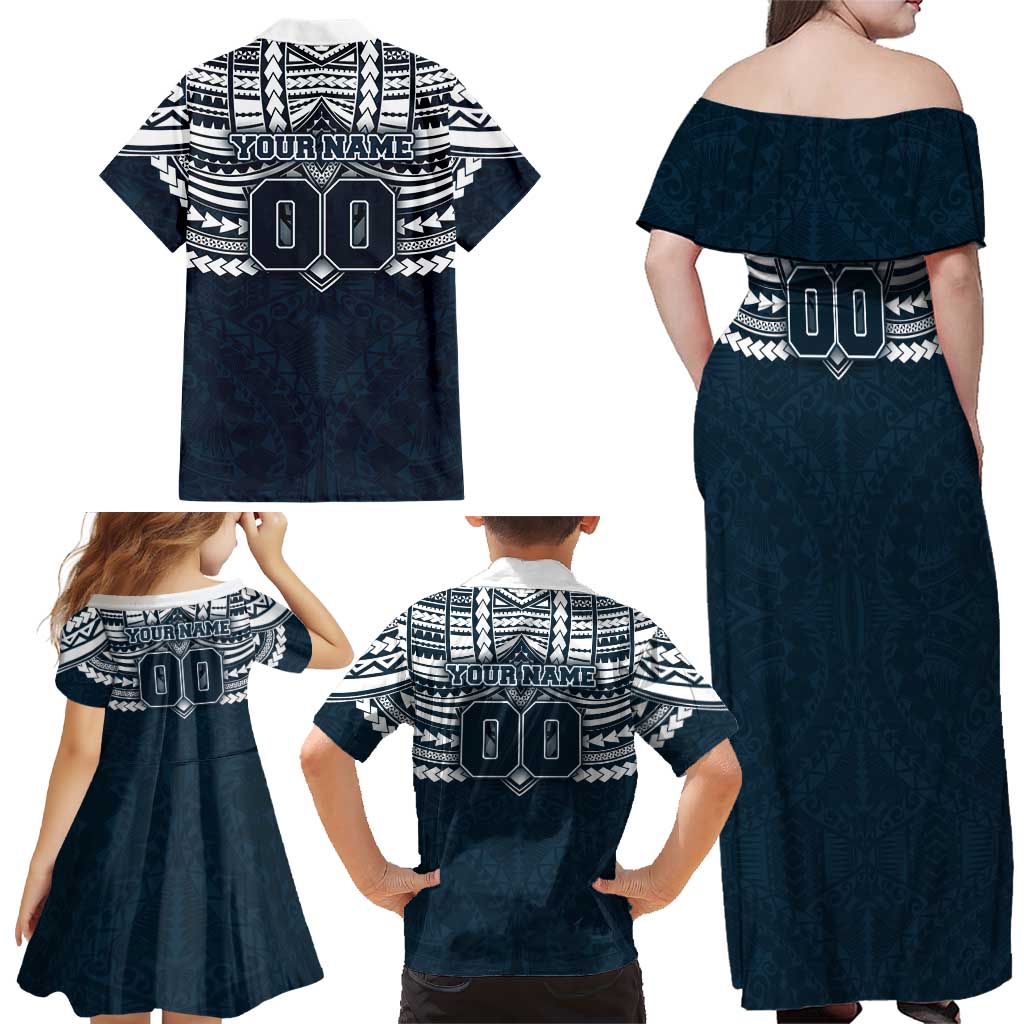 Personalized Carlton Blues Family Matching Off Shoulder Maxi Dress and Hawaiian Shirt Polynesian Tribal Pattern Heritage Football