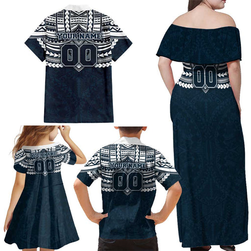 Personalized Carlton Blues Family Matching Off Shoulder Maxi Dress and Hawaiian Shirt Polynesian Tribal Pattern Heritage Football