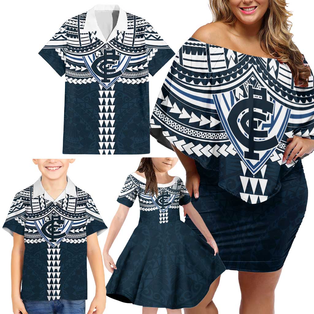 Personalized Carlton Blues Family Matching Off Shoulder Short Dress and Hawaiian Shirt Polynesian Tribal Pattern Heritage Football
