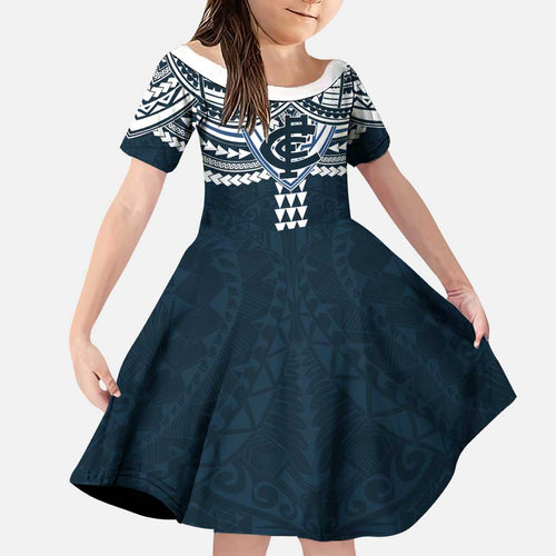 Personalized Carlton Blues Family Matching Off Shoulder Short Dress and Hawaiian Shirt Polynesian Tribal Pattern Heritage Football