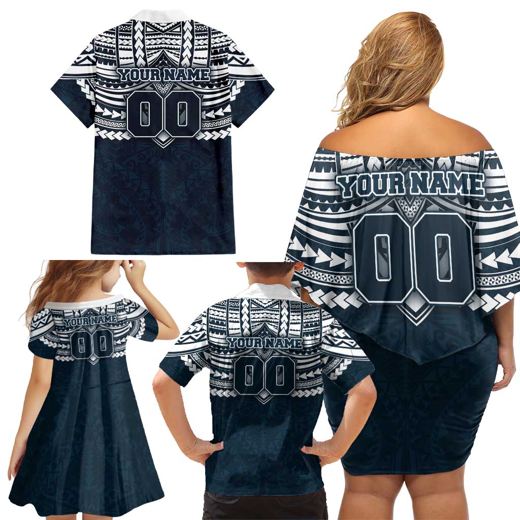Personalized Carlton Blues Family Matching Off Shoulder Short Dress and Hawaiian Shirt Polynesian Tribal Pattern Heritage Football
