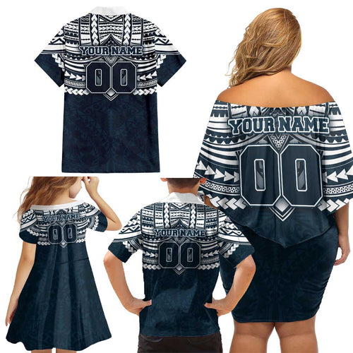 Personalized Carlton Blues Family Matching Off Shoulder Short Dress and Hawaiian Shirt Polynesian Tribal Pattern Heritage Football