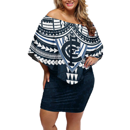 Personalized Carlton Blues Family Matching Off Shoulder Short Dress and Hawaiian Shirt Polynesian Tribal Pattern Heritage Football