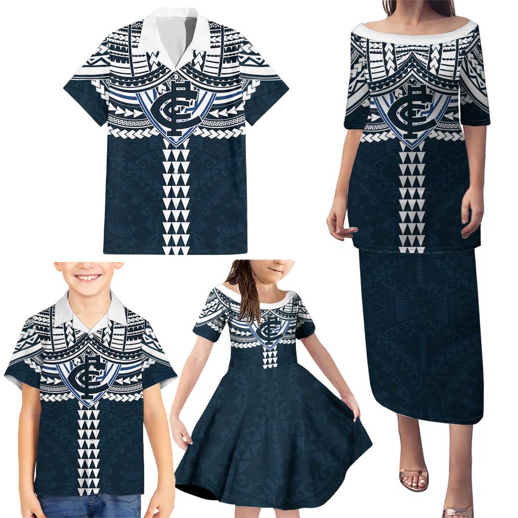 Personalized Carlton Blues Family Matching Puletasi and Hawaiian Shirt Polynesian Tribal Pattern Heritage Football