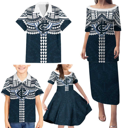Personalized Carlton Blues Family Matching Puletasi and Hawaiian Shirt Polynesian Tribal Pattern Heritage Football