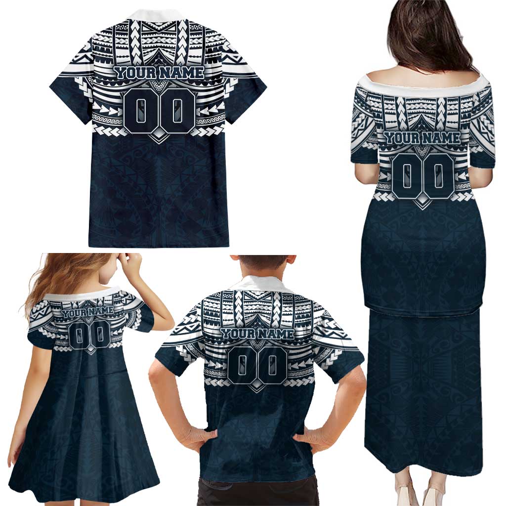 Personalized Carlton Blues Family Matching Puletasi and Hawaiian Shirt Polynesian Tribal Pattern Heritage Football
